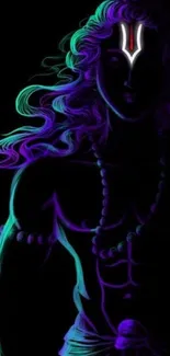 Neon silhouette of Shiva with vibrant colors on a dark background.