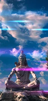 Serene Shiva statue under a blue sky with clouds and light effects.