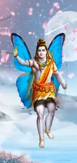 Shiva with butterfly wings set against a serene moonlit background.