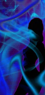 Mystical silhouette with blue smoke on purple background.