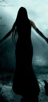 Silhouette of a woman in the rain, offering a mystical atmosphere.