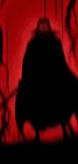 Dark silhouette against vivid red background, evoking mystery.