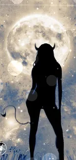 Silhouette of a woman with horns against a full moon and starry sky.