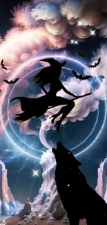 Silhouette of a witch flying over a howling wolf under a mystical sky.