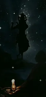 Silhouette against starry night sky with glowing lamp.