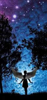 Silhouette of an angel under a starry blue and purple night sky.