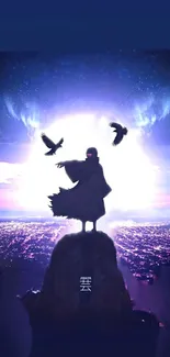 Silhouetted figure with birds over glowing cityscape.