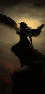 Enigmatic silhouette of a winged figure with dark and mystical atmosphere.