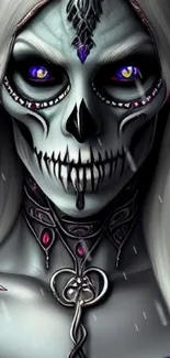 Mystical skeleton with glowing eyes on a mobile phone wallpaper.