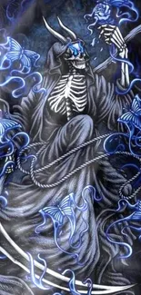 Mystical skeleton art with blue hues and intricate details in mobile wallpaper.