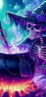 Skeleton witch stirring cauldron under moonlit sky with purple hues.