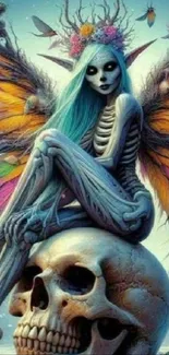 Mystical skeleton fairy with vibrant wings sitting on a skull.