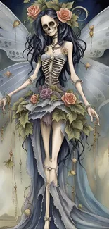 Enchanting skeleton fairy with wings and flowers in gothic style artwork.