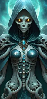 Mystical skeleton warrior with glowing eyes in fantasy art.