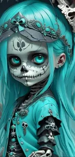 Skeleton girl with turquoise hair and intricate gothic details.