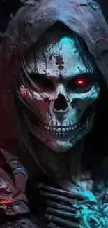 Dark hooded skeleton with glowing eyes and vibrant accents.