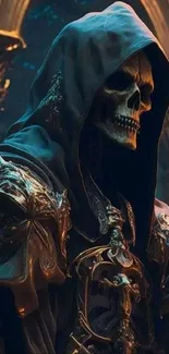 Hooded skeleton with golden armor in a fantasy setting.