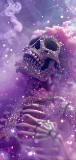 Skeleton with glitter in purple mist, creating a fantasy art mobile wallpaper.