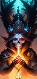 Mystical skeleton king holding glowing staff in vibrant fantasy art.