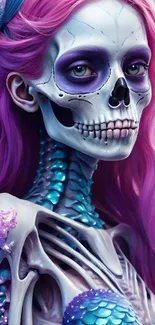 Vibrant skeleton mermaid with pink hair and intricate design in fantasy art style.