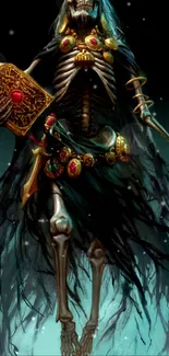 Mystical skeleton with glowing gems in a dark fantasy setting.