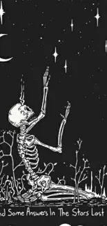 Skeleton in mystical starlit sky illustration.