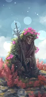 Skeleton with flowered staff stands on rocky terrain under a vivid blue sky.