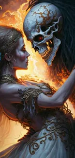 Fantasy art of woman and skeleton in glowing scene