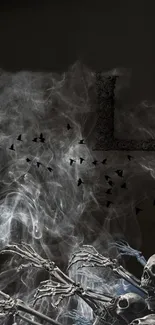 Dark gothic wallpaper with skeletons and smoke.