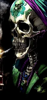 Artistic skeleton with mystical elements and vibrant colors, smoking.
