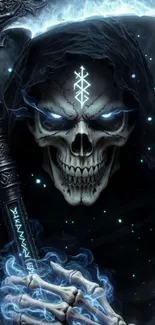 Mystical skeleton warrior with glowing runes and dark hues in fantasy artwork.