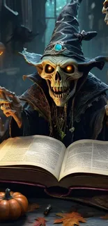 A skeletal wizard reading a book in a mystical, gothic setting.