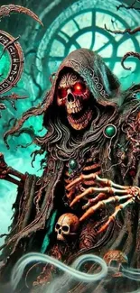 Mysterious skeleton wizard in fantasy art scene.