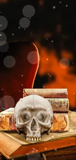 Mystical wallpaper with skull, candles, and vintage books.