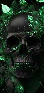 Dark skull with glowing green leaves, creating a mystical and gothic phone wallpaper.