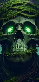 Skull with glowing eyes and moss for mobile wallpaper.