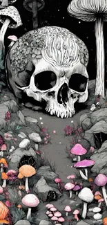 Artistic wallpaper with skull and vibrant mushrooms in a mystical forest scene.