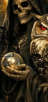 Mystical skull figure with owl and crystal ball artwork.
