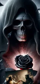 Artwork of a skull holding a black rose with glowing mystical aura.