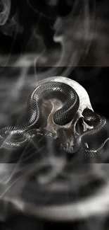 A black snake entwines a skull amidst swirling smoke.