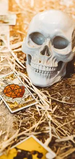 Skull with tarot cards on artistic background.