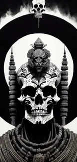 Intricate black and white mystical skull art wallpaper.