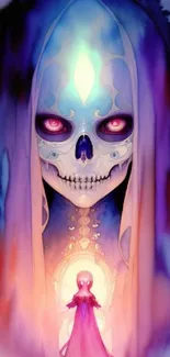 Mystical skull artwork with vibrant colors and fantasy elements.