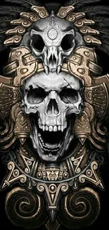 Intricate tribal skull art on dark background.