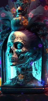 Mystical skull wallpaper with vibrant neon effects.