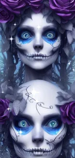 Mystical skull art with purple roses and blue accents.