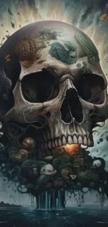 Mystical skull art wallpaper with surreal and dark themes.