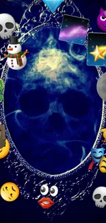 Dark blue mystical skull wallpaper with colorful emojis.