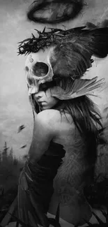 Mystical skull art with dark feathers and forest background.