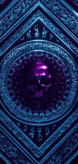 Skull art with intricate patterns in mystical purple and blue hues.